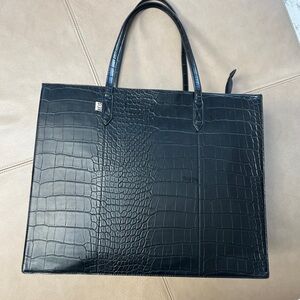 Black Crocodile-Embossed Leather Tote Bag